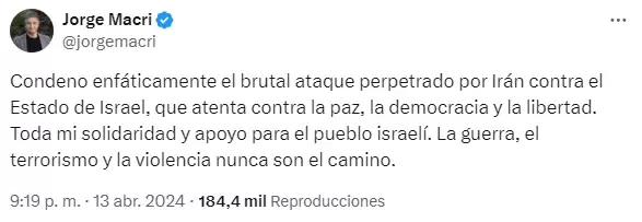 El tuit de Jorge Macri en repudio al ataque de Irn contra Israel.