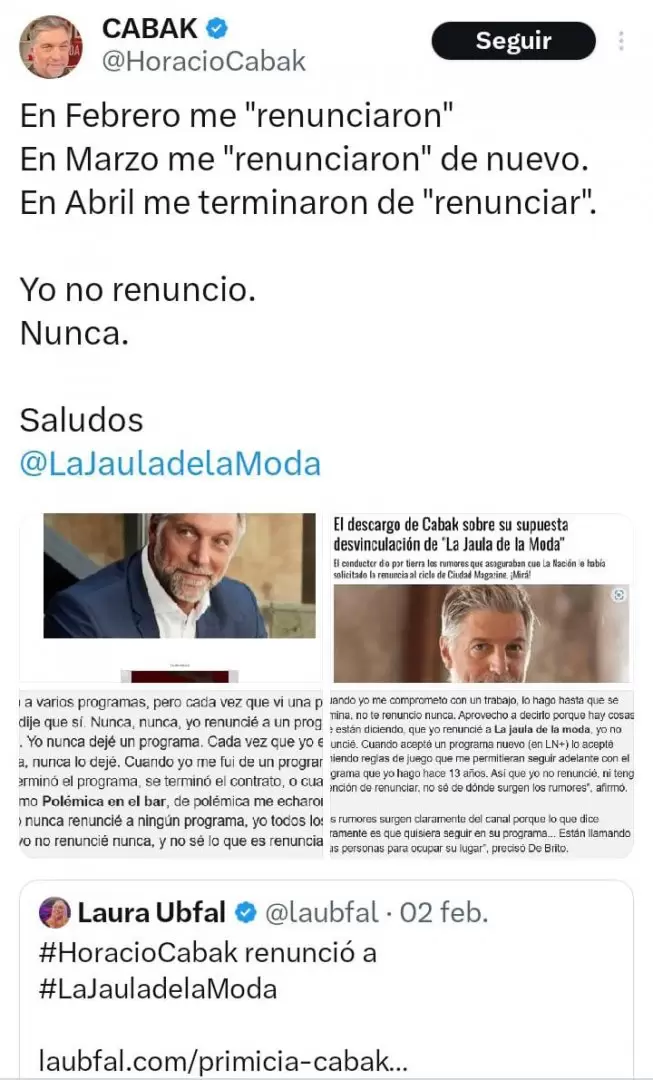 Horacio Cabak afirm en sus redes sociales que "no renunci" al programa de Moda.