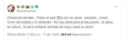 Vernica Lozano carg contra La Libertad Avanza: "Odiadores seriales".