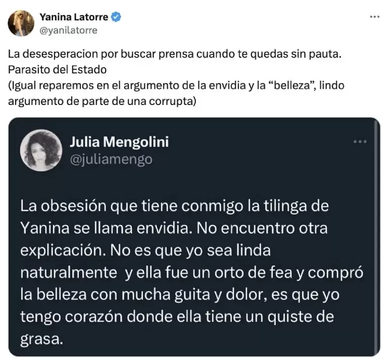 El tweet de Yanina Latorre contestndole a Mengolini.