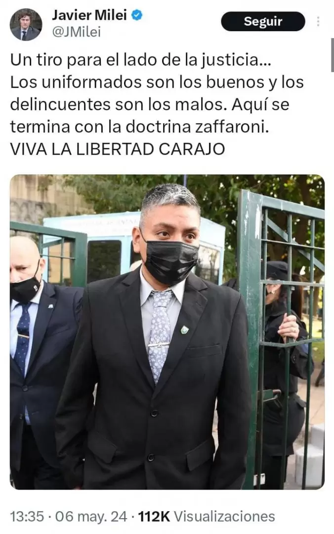 El repugnante festejo de Javier Milei sobre la anulacin del juicio a Luis Chocobar y la celebracin por el "gatillo fcil".