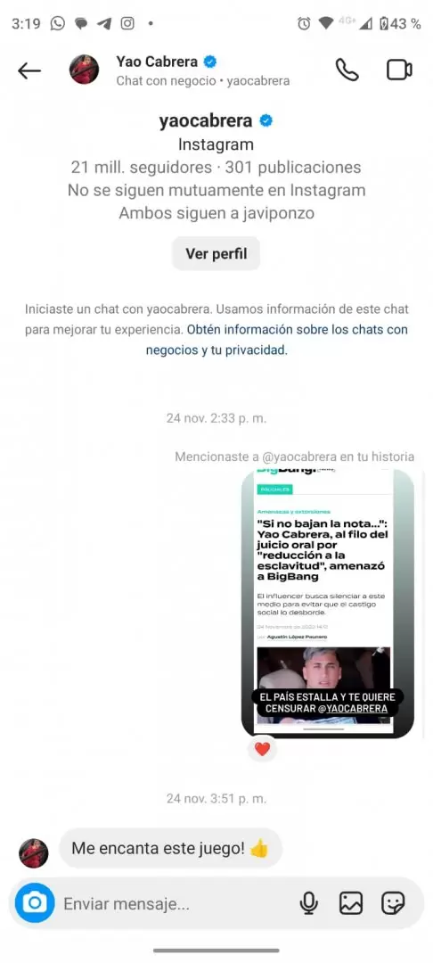 El mensaje amenazante que Yao Cabrera le envi al perfil personal de la directora de BigBang