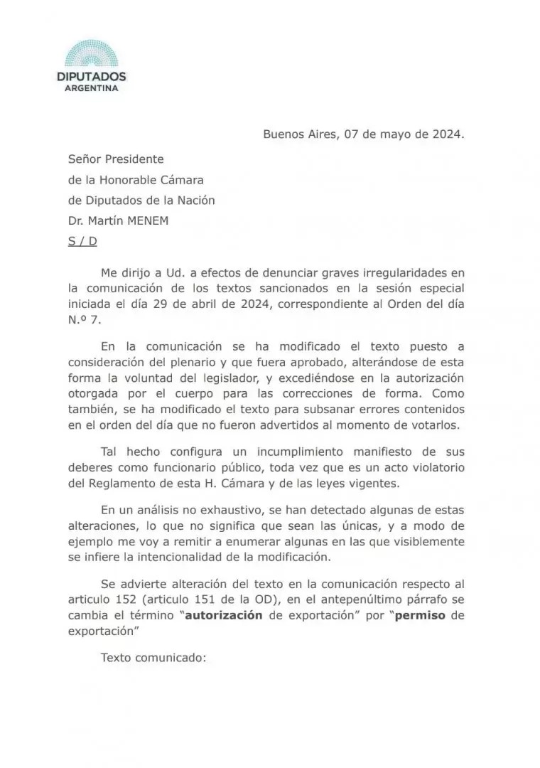 El documento lleva la firma de Germn Martnez, titular del bloque