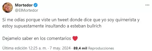 El provocador tuit de Morte en respuesta a las acusaciones por la supuesta imitacin a Esteban Bullrich.