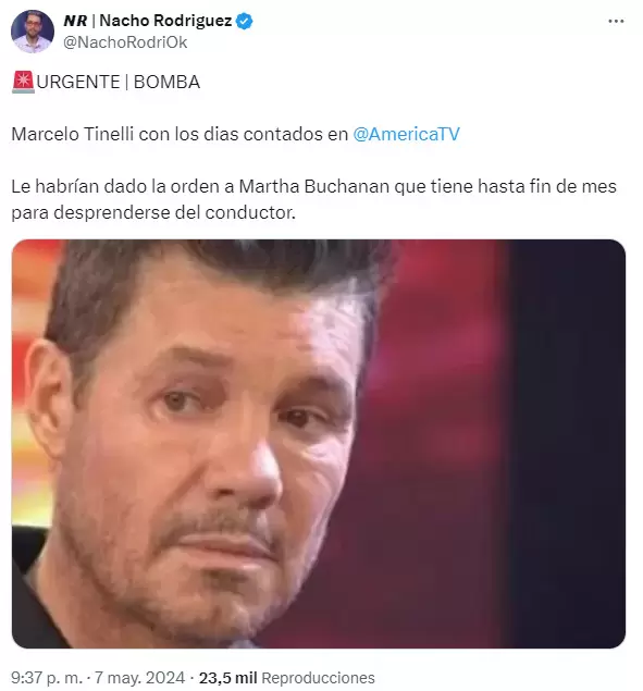El tuit de Nacho Rodrguez sobre la prxima desvinculacin de Marcelo Tinelli de Amrica TV.