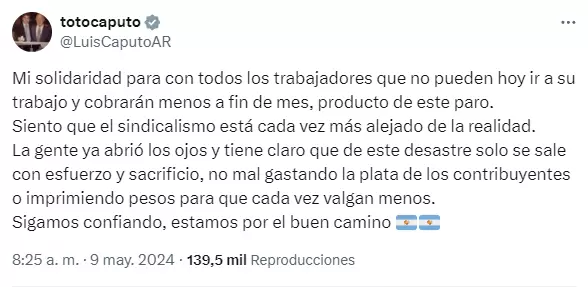 Caputo y su mensaje frente al paro de la CGT