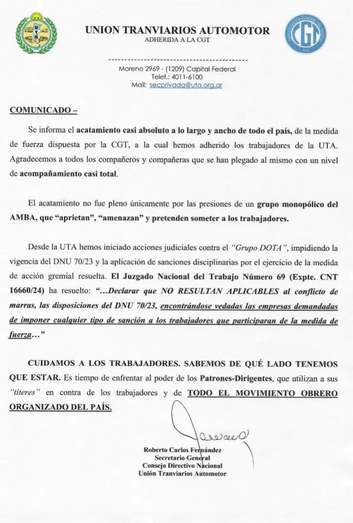 Comunicado de UTA