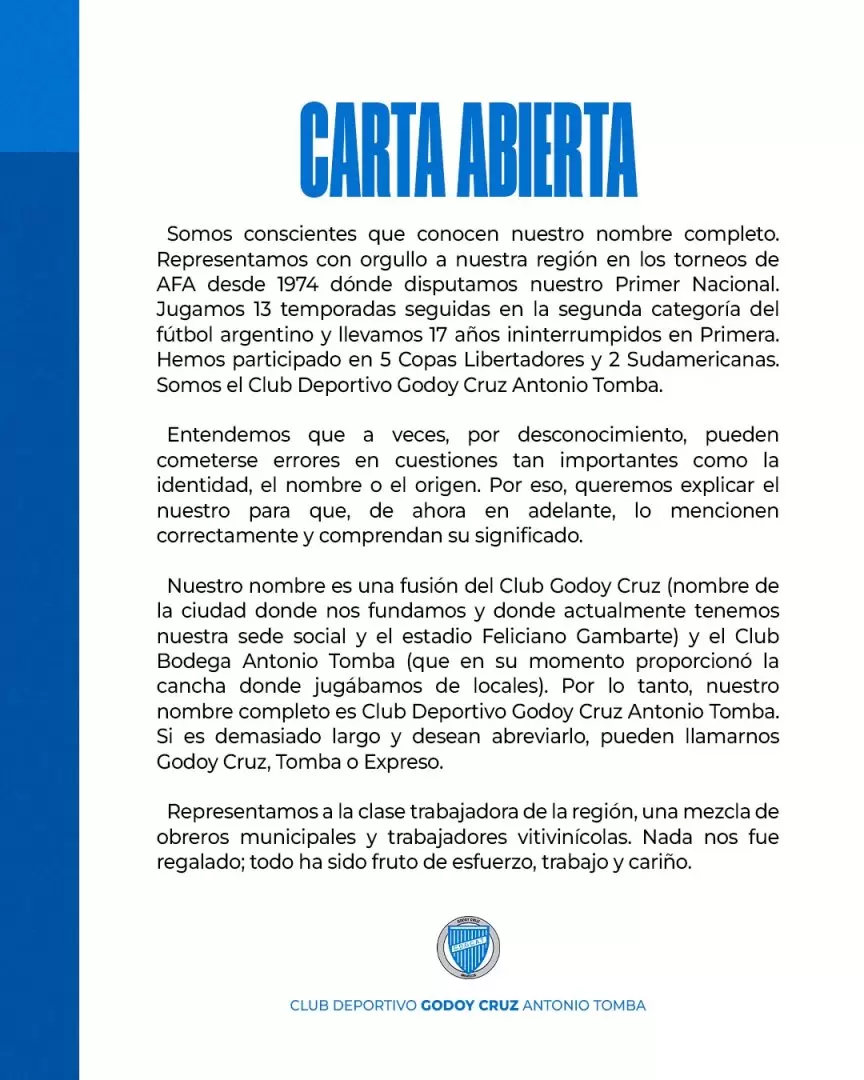 Carta Abierta de Godoy Cruz dirigida hacia Fernando Niembro sin hacer mencin de su nombre.