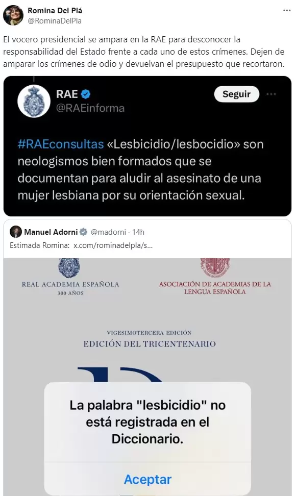 La tapada de boca de la diputada nacional Romina del Pl al vocero negacionista de los crmenes de odio Manuel Adorni.