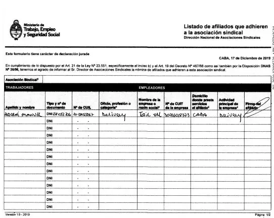 Manuel Adorni como el nico afiliado del Sindicato Argentino de Empleados de Delivery y Afines (SAEDA).