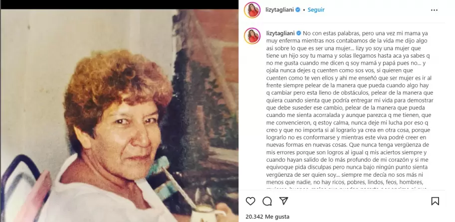 El emotivo recuerdo de Lizy Tagliani de su mam en el Da de la Mujer