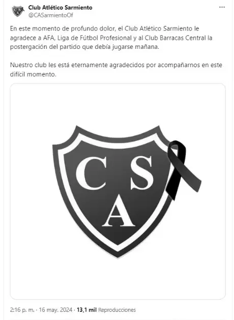 Comunicado de Sarmiento sobre la reprogramacin del partido.