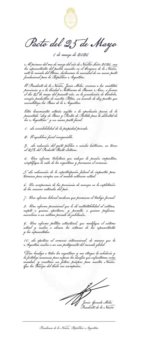 Javier Milei invit a todos los Gobernadores a firmar el Pacto de Mayo