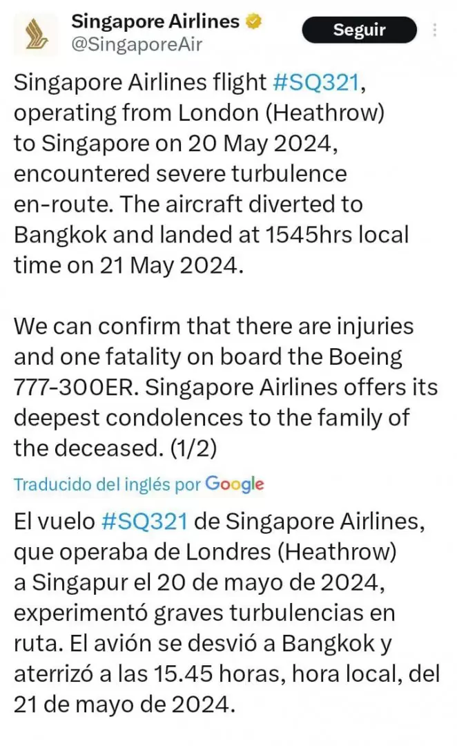 El comunicado de Singapore Airlines tras el incidente.