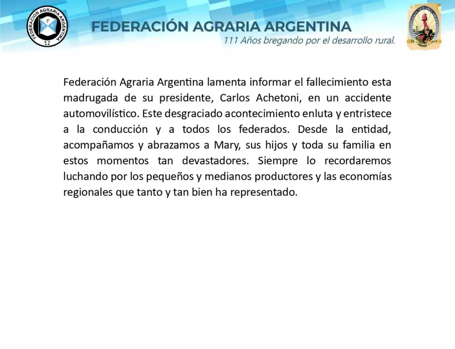 El comunicado de la Federacin Agraria Argentina