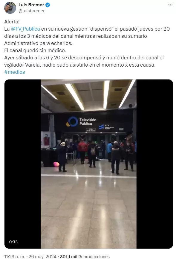 El tuit de Luis Bremer tras el fallecimiento del trabajador de seguridad de la Televisin Pblica.