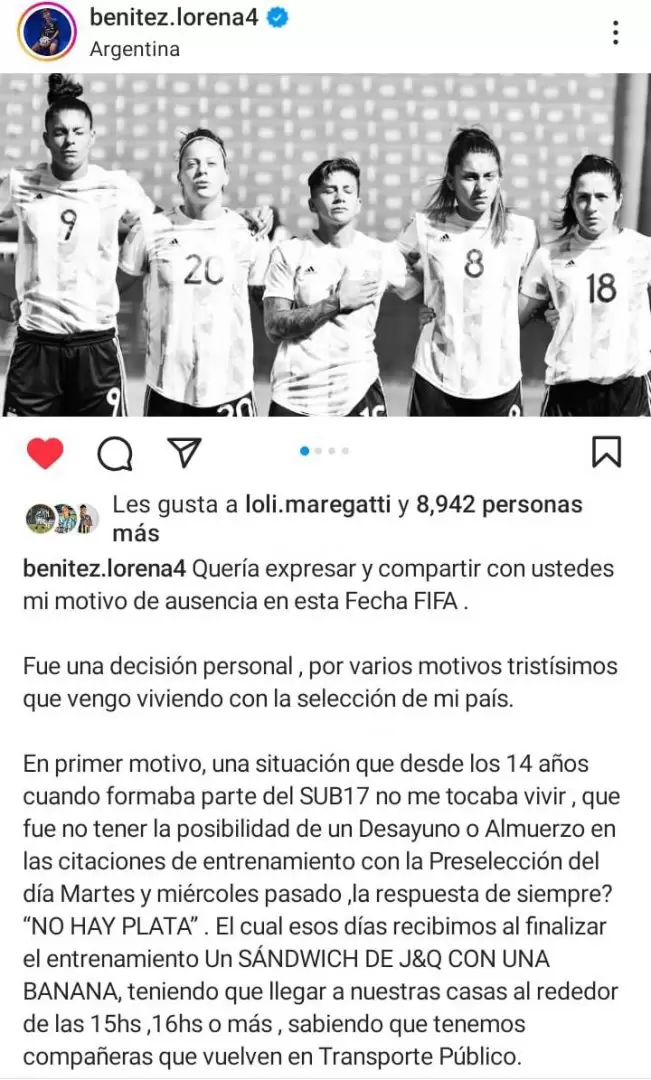 Lorena Bentez renunci a la fecha FIFA de la Seleccin por malos tratos de AFA.