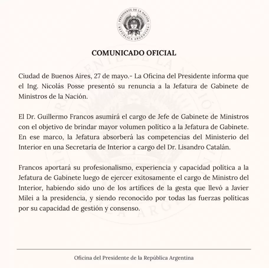El comunicado oficial sobre la renuncia de Nicols Posse