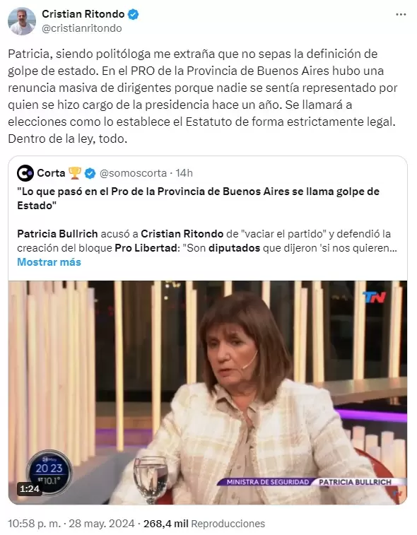 Cristian Ritondo corri a Bullrich por la categora "golpe de Estado", tras la justificacin de la ruptura bonaerense del PRO.