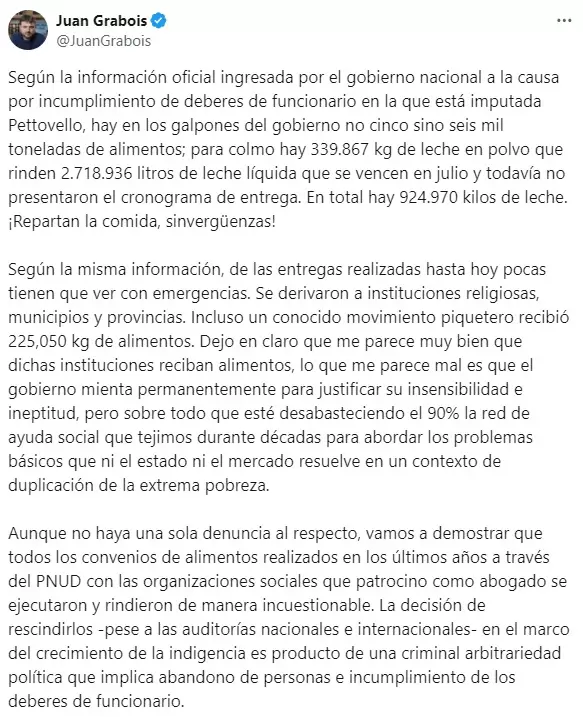 El enojo de Juan Grabois en X, tras enterarse que era ms el alimento que se venca en los galpones del  gobierno libertario.