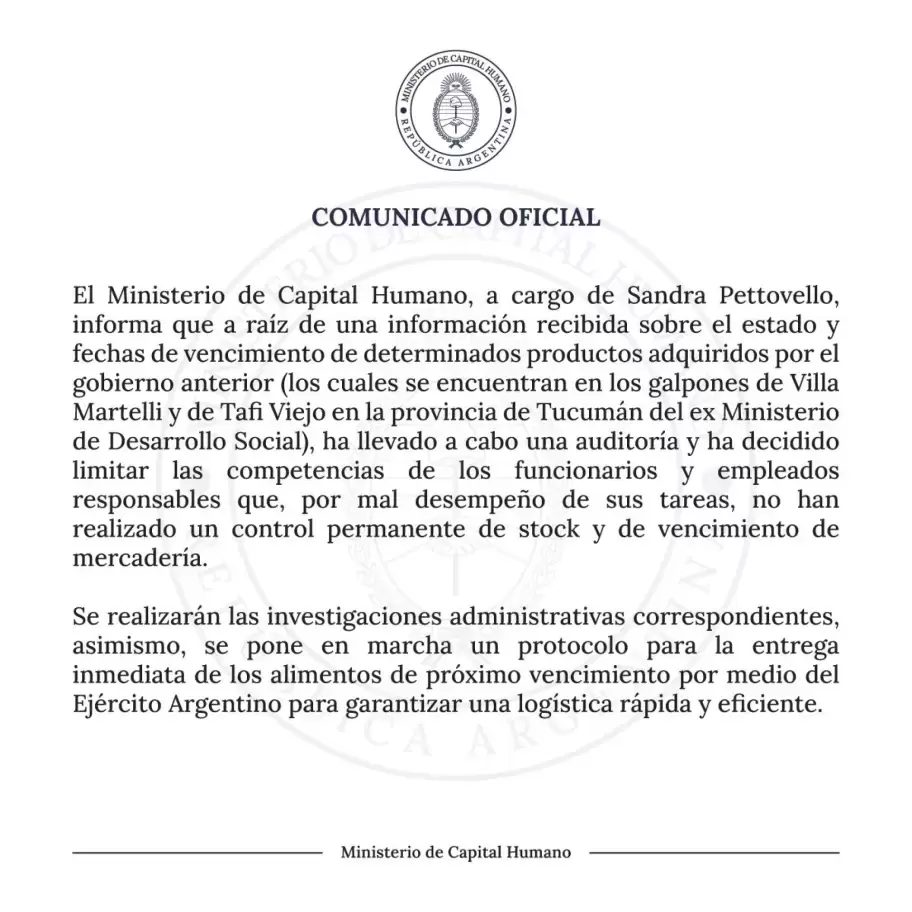 El comunicado de Capital Humano