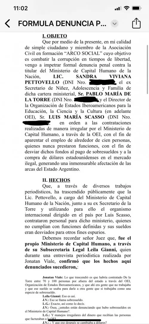 Parte de la denuncia de la asociacin civil Arco Social