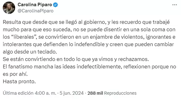 El tuit de madrugada de Carolina Pparo calificando de violentos, ignorantes e intolerantes a los libertarios de las redes sociales.