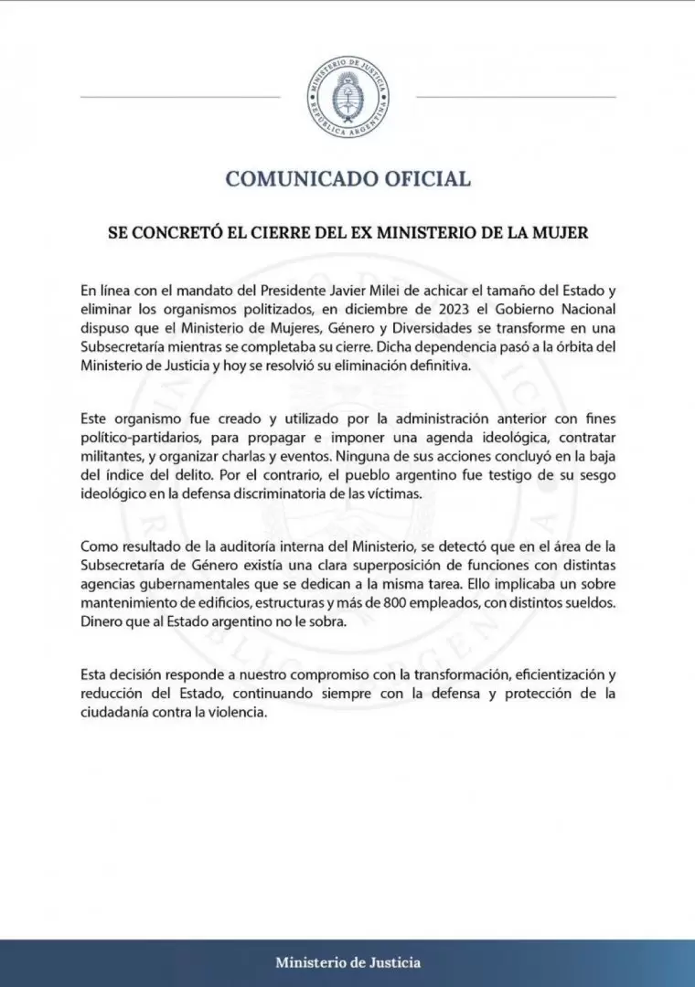 Comunicado oficial de la oficina presidencial