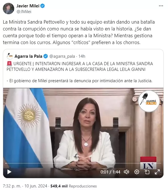 La nueva defensa de Javier Milei a Sandra Pettovello, tras las denuncias acerca de persecucin contra ella.