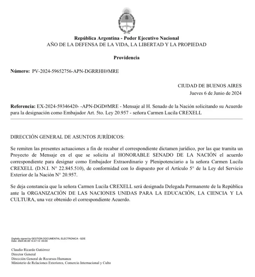 El oficialismo inici el proceso para proponer a la Senadora neuquina como embajadora de la Argentina en la UNESCO.