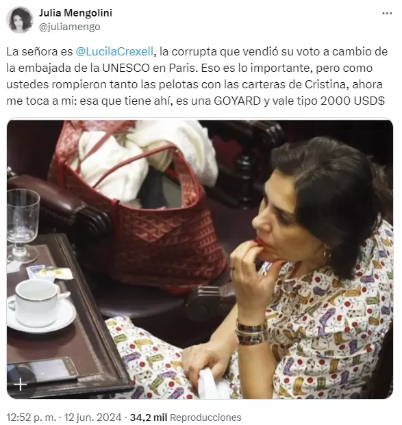 El tuit de Julia Mengolini donde cuestiona la cartera de la senadora nacional Lucila Crexell.