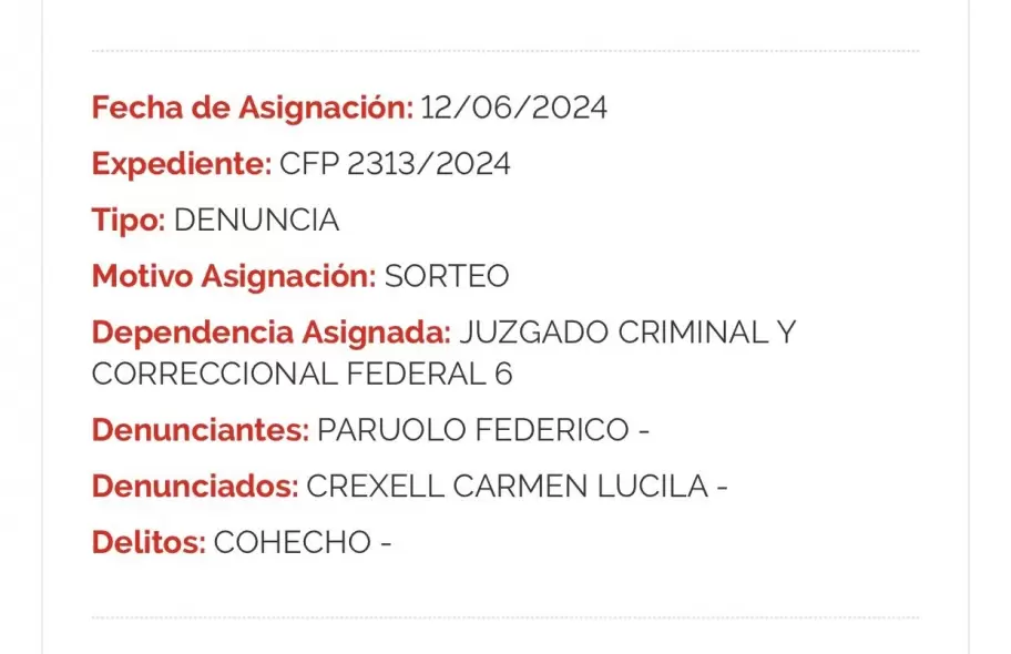 La cartula de la denuncia por cohecho que el abogado Federico Paruolo le hizo a la senadora nacional Lucila Crexell.