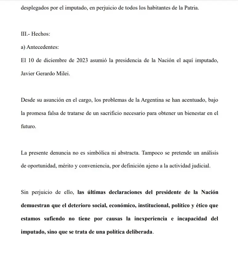 La denuncia de Cneo contra Milei