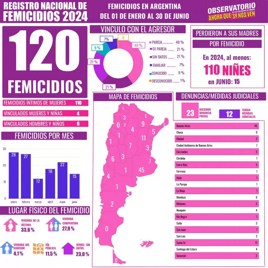 Cifras de femicidios del 1 de enero y hasta junio de 2024