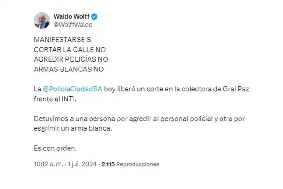 El ministro de Seguridad porteo, Waldo Wolff, defendi la injustificada represin a trabajadores del INTI.