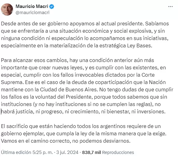 El posteo de Mauricio Macri