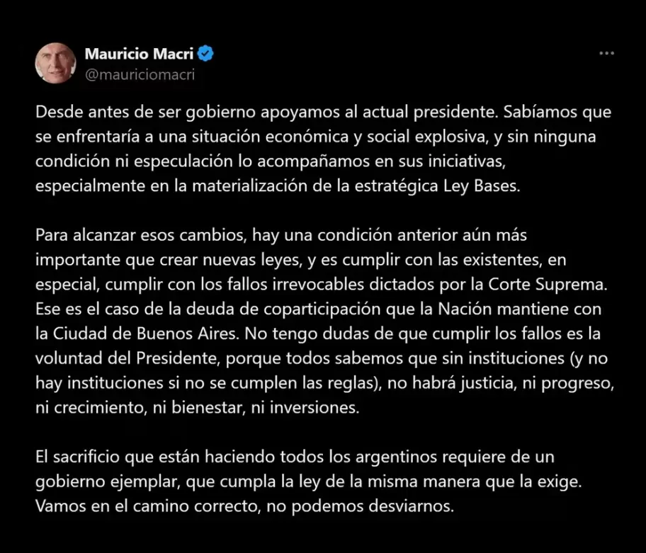 El reclamo de Mauricio Macri a Javier Milei por la coparticipacin que se le debe a la Ciudad Autnoma de Buenos Aires.