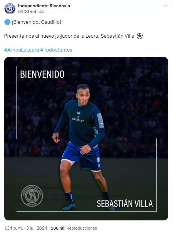 "Bienvenido, Caudillo", lanz Independiente Rivadavia en una publicacin en la que festeja la llegada del condenado Sebastin Villa.