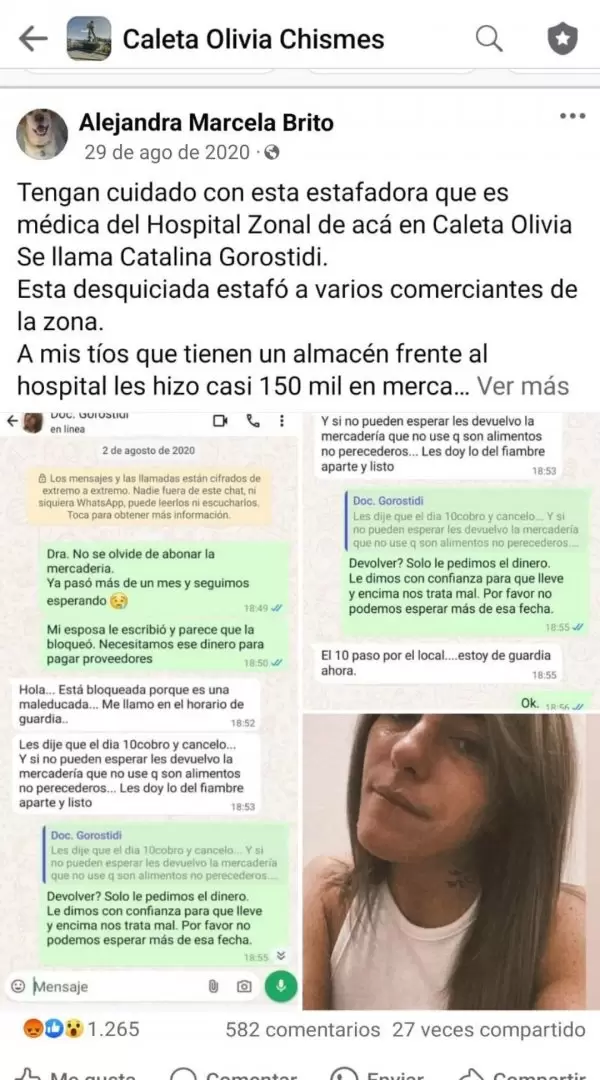 La denuncia de robo a Catalina Gorostidi por parte de un almacn frente al Hospital Zonal de Caleta Olivia en donde trabajaba.