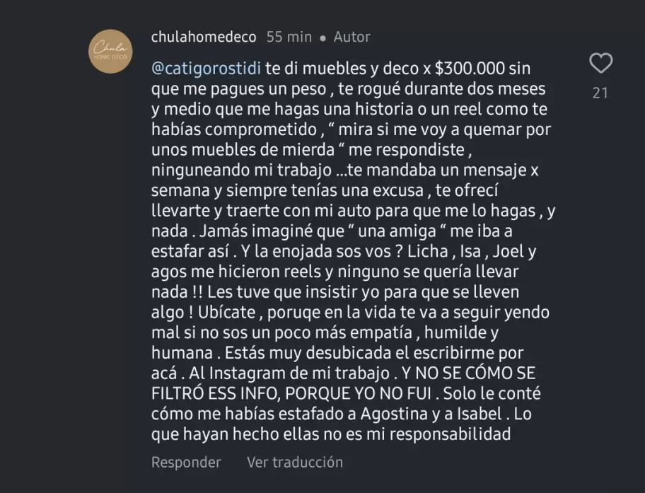 La devolucin de Carla "Chula" De Stefano sobre la acusacin de estafa a Catalina Gorostidi.