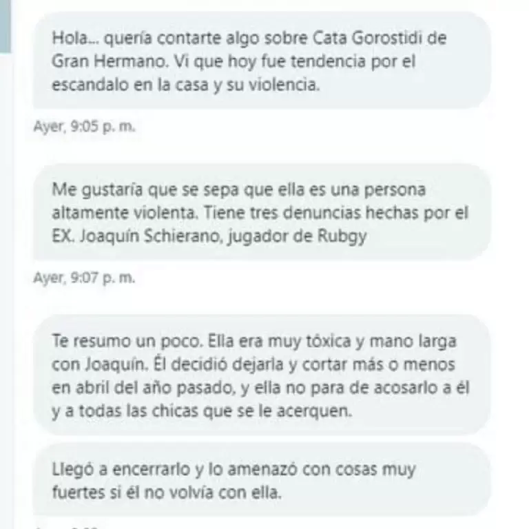 Las capturas que recibi el tuitero @ladymoskigna sobre la relacin txica de Catalina Gorostidi con su ex novio rugbier.