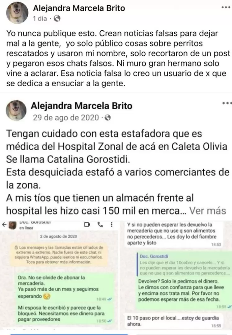 El supuesto descargo de Alejandra Marcela Brito en el que niega haber acusado a Catalina Gorostidi de ladrona y estafadora.