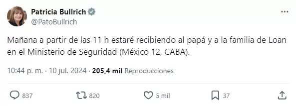 Casi un mes despus, Bullrich recibir al pap de Loan