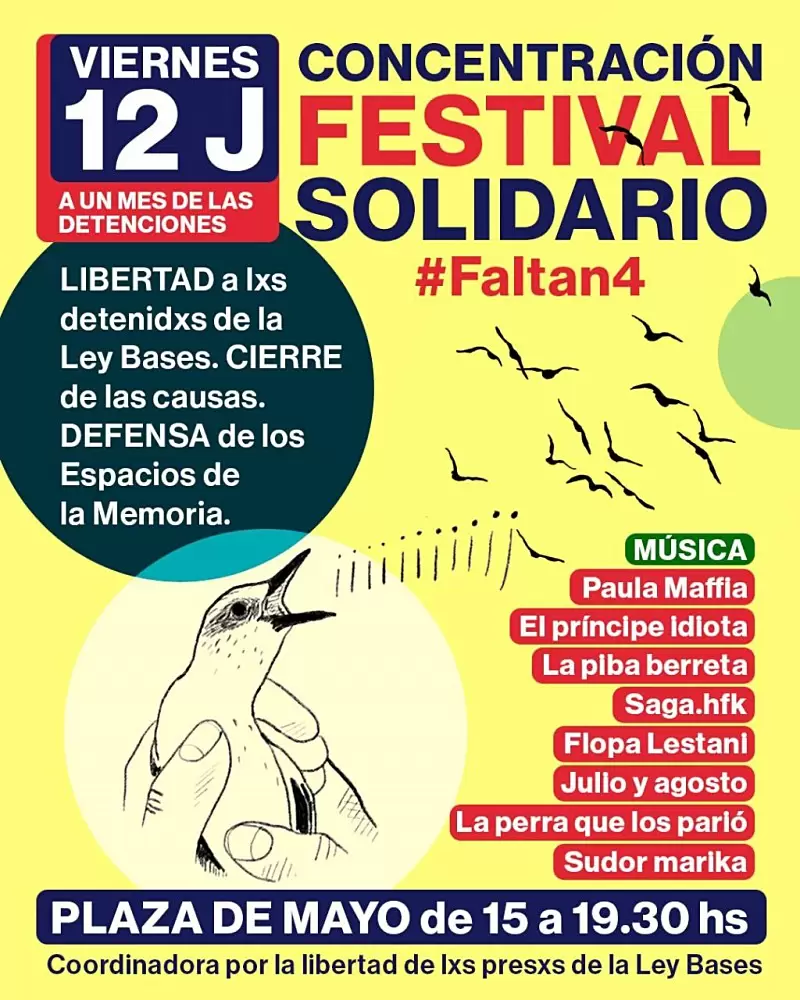 El afiche que convoca al festival solidario en reclamo de la libertad y desprocesamiento de los detenidos durante la represin de la Ley Bases.