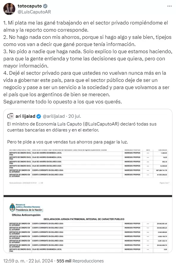 Caputo sobre sus cuentas bancarias en dlares en el exterior