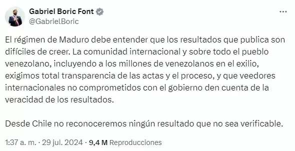 El tuit de Gabriel Boric en donde cuestiona el resultado electoral de Venezuela.