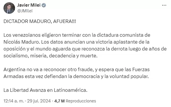 El tuit de Javier Milei tras la victoria de Nicols Maduro en las ltimas elecciones en Venezuela.