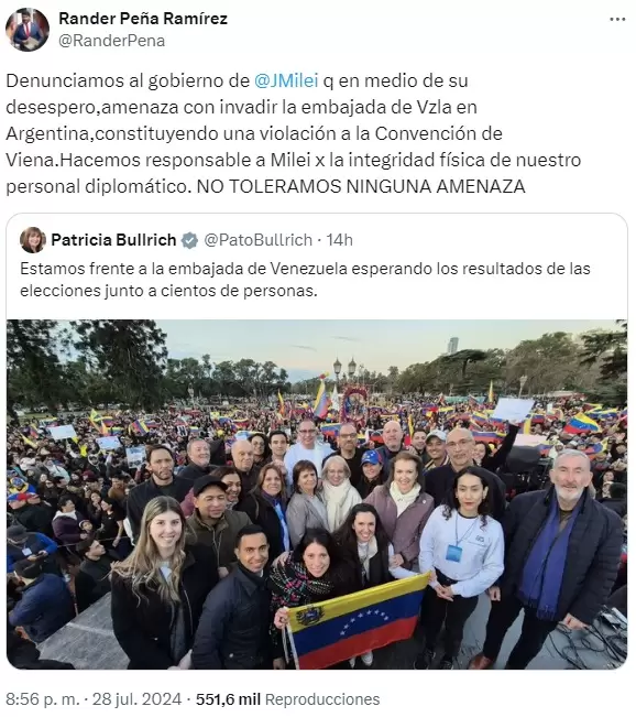 La denuncia del vicecanciller venezolano Rander Pea Ramrez ante las manifestaciones frente a la Embajada de Venezuela en la Argentina.