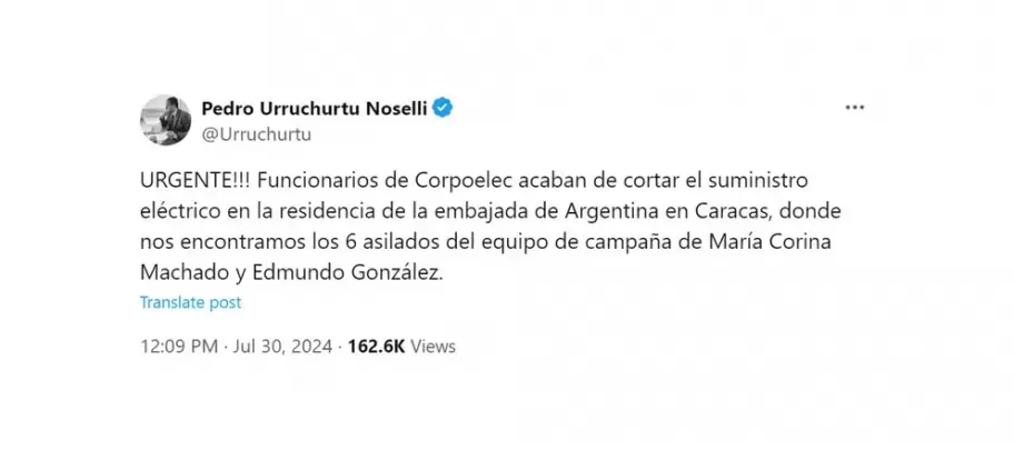 El tuit del coordinador nacional de campaa de Voluntad Popular, Pedro Urruchurtu Noselli, tras dejar sin luz a la Embajada argentina en Caracas.