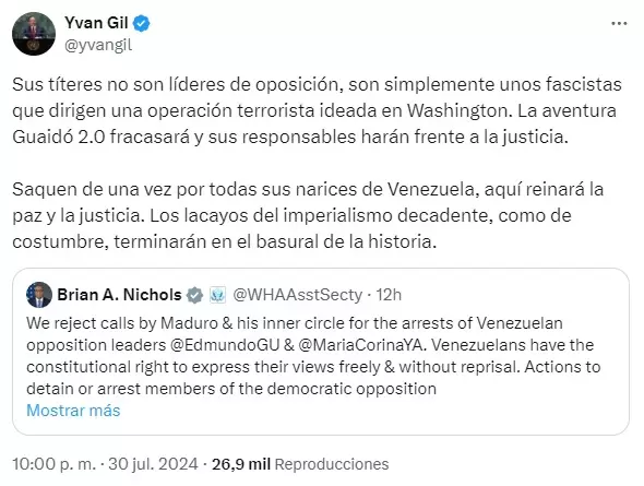 La respuesta del canciller venezolano, Yvn Gil, al funcionario norteamericano que exigi garantas constitucionales.